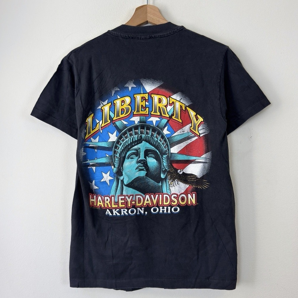 Vintage 90's Harley Davidson Biker Liberty Akron Ohio Black Tee Shirt - Small